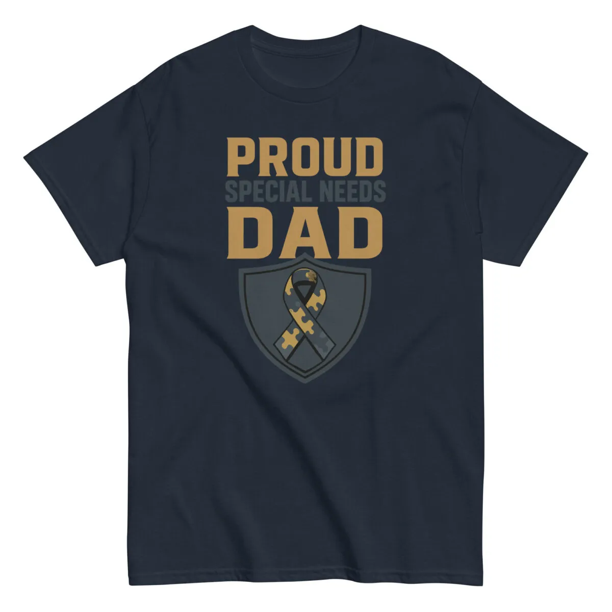 Navy T-shirt with 'Proud Special Needs Dad' design.