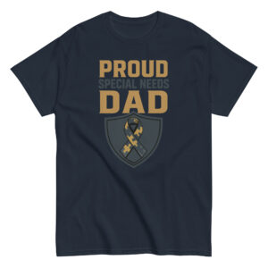 Navy T-shirt with 'Proud Special Needs Dad' design.