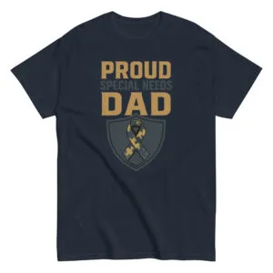 Navy T-shirt with 'Proud Special Needs Dad' design.