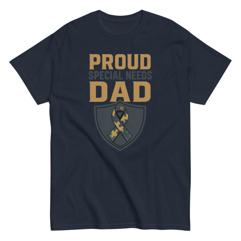 Navy T-shirt with 'Proud Special Needs Dad' design.