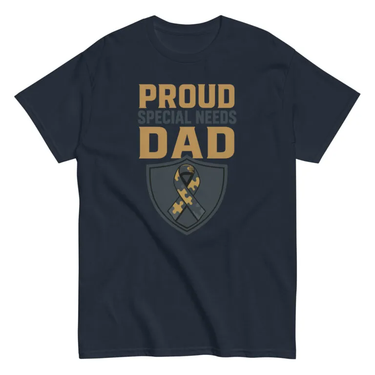 Navy T-shirt with 'Proud Special Needs Dad' design.