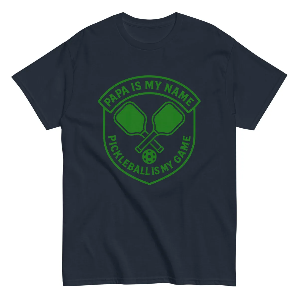 Pickleball-themed shirt with paddles and ball design.
