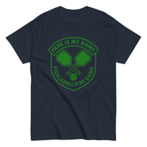 Pickleball-themed shirt with paddles and ball design.