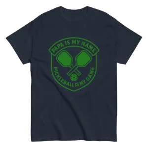 Pickleball-themed shirt with paddles and ball design.