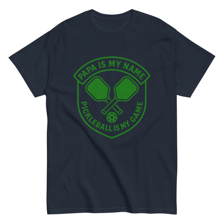 Pickleball-themed shirt with paddles and ball design.
