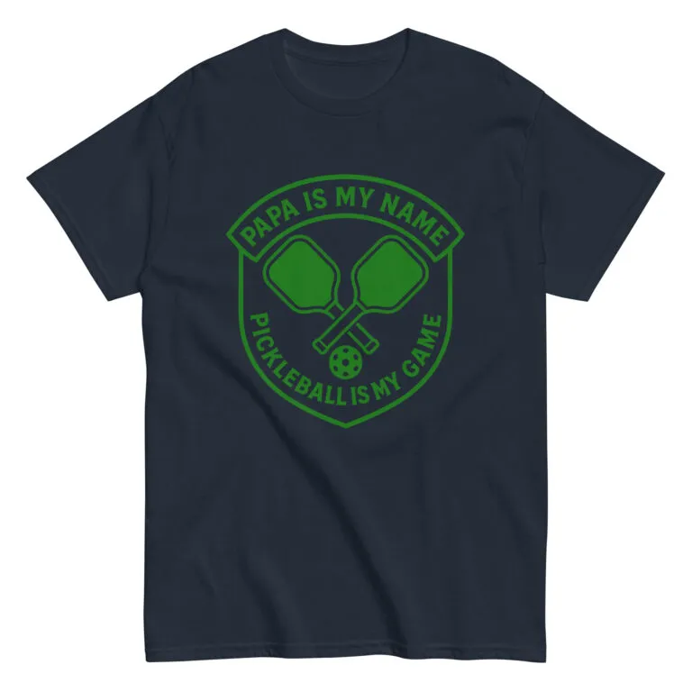 Pickleball-themed shirt with paddles and ball design.