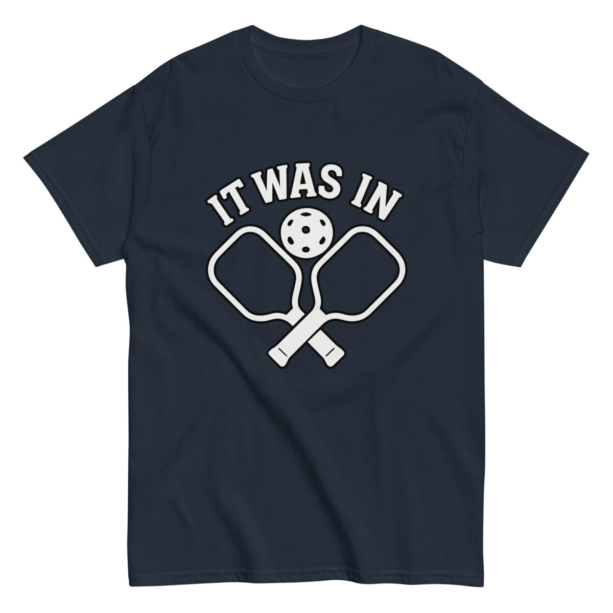 Navy pickleball t-shirt with paddles, ball, text design.