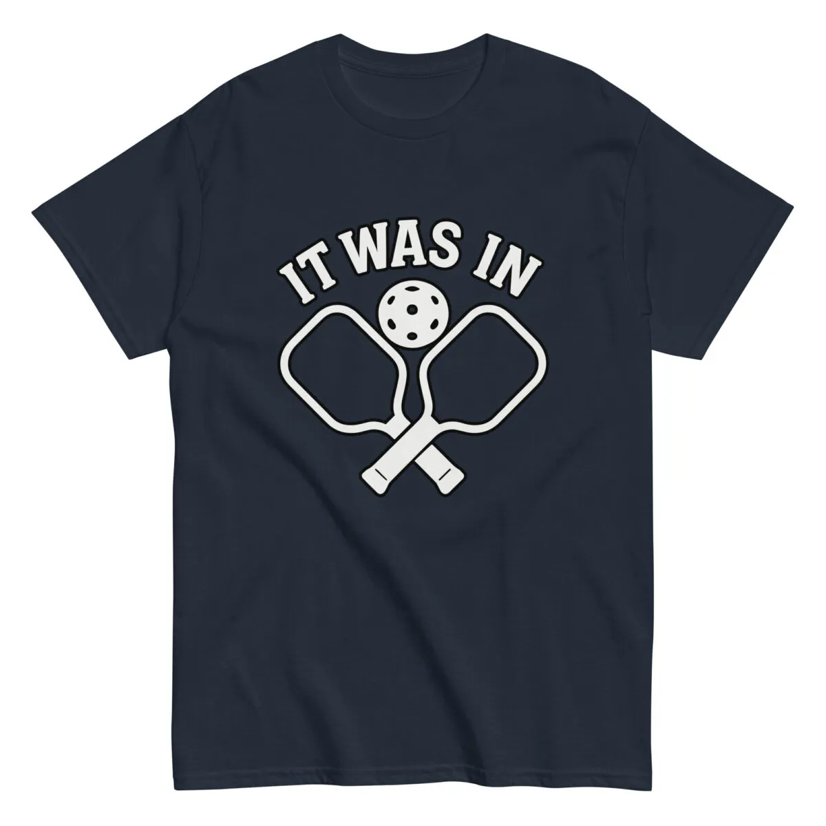 Navy pickleball t-shirt with paddles, ball, text design.