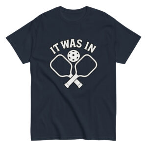 Navy pickleball t-shirt with paddles, ball, text design.