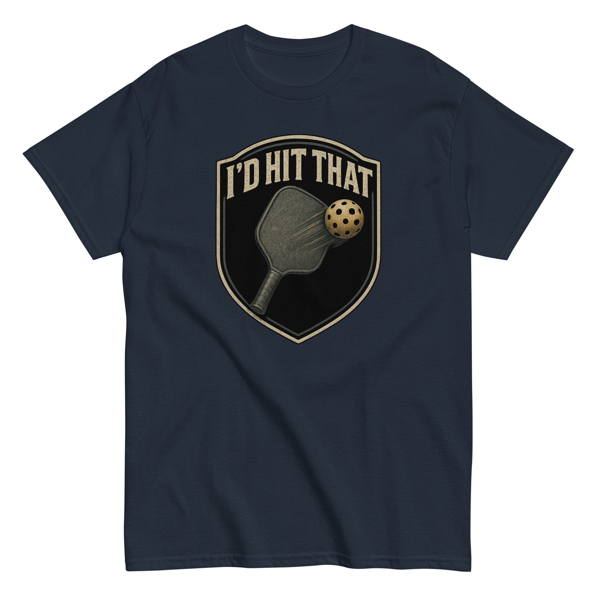 Pickleball paddle and ball graphic on shirt