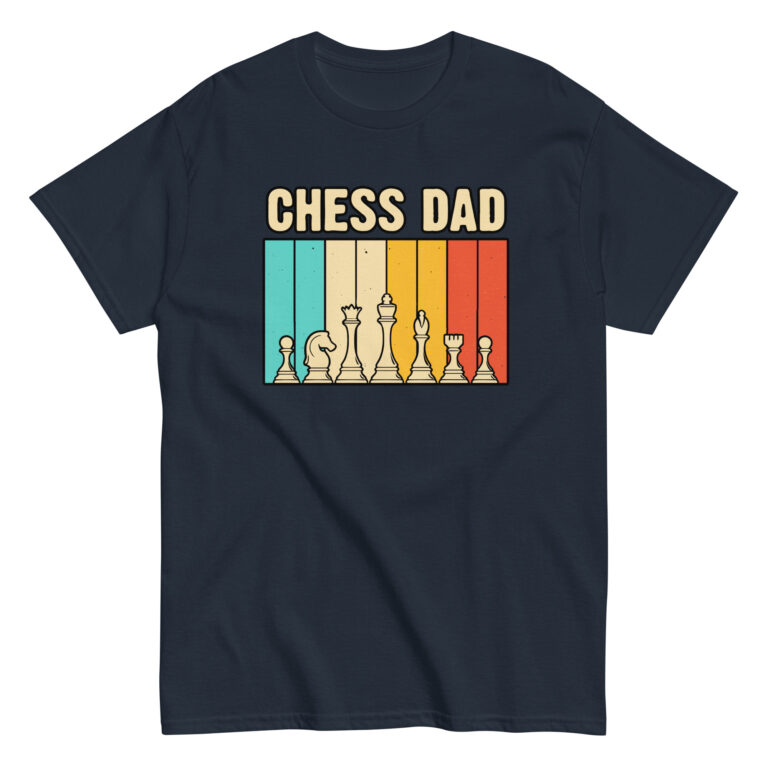 Chess Dad t-shirt with colorful chess pieces design.