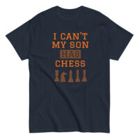 T-shirt with chess-themed text and pieces