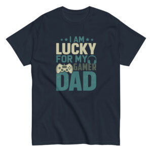Navy t-shirt with 'Lucky Gamer Dad' design.