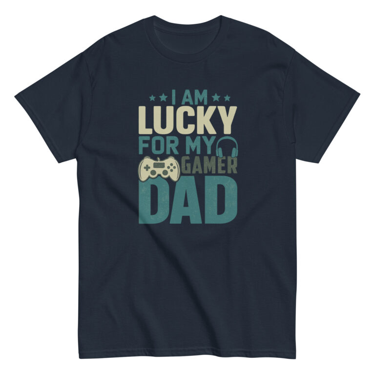 Navy t-shirt with 'Lucky Gamer Dad' design.