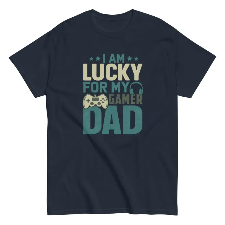 Navy t-shirt with 'Lucky Gamer Dad' design.