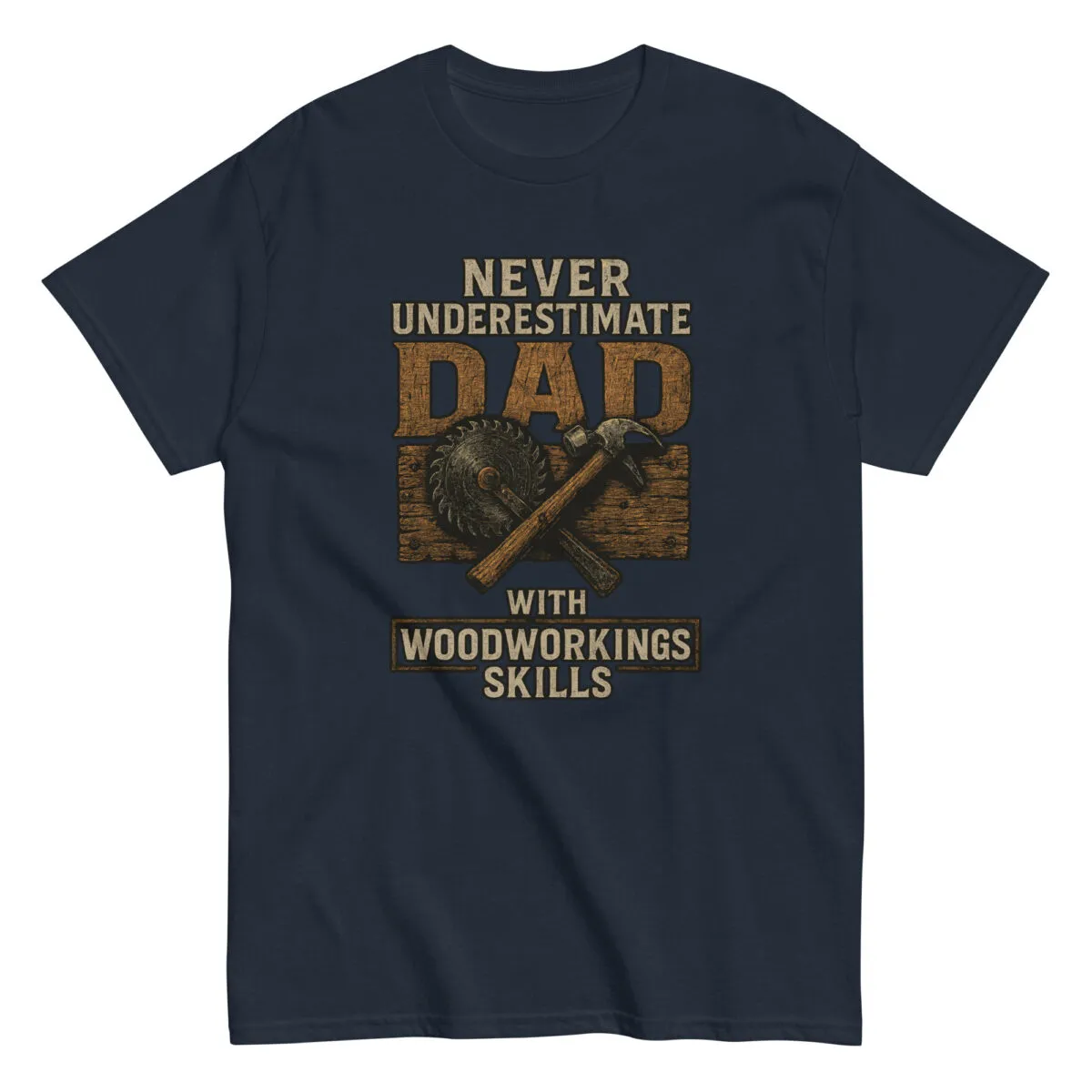 Navy t-shirt with woodworking dad design.