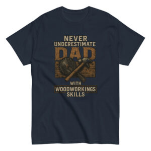 Navy t-shirt with woodworking dad design.