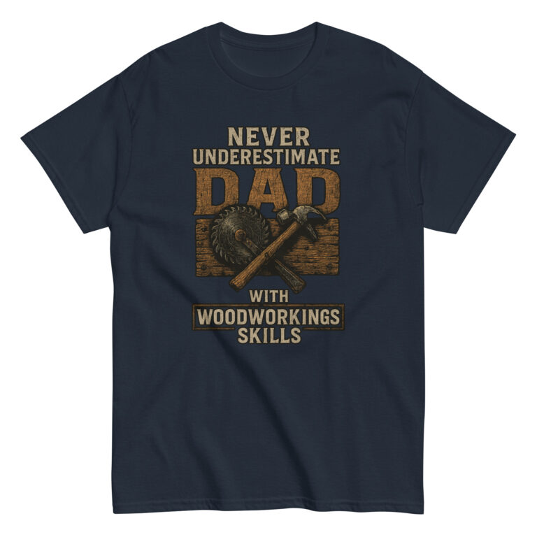 Navy t-shirt with woodworking dad design.
