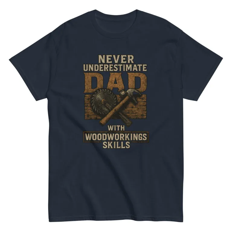 Navy t-shirt with woodworking dad design.