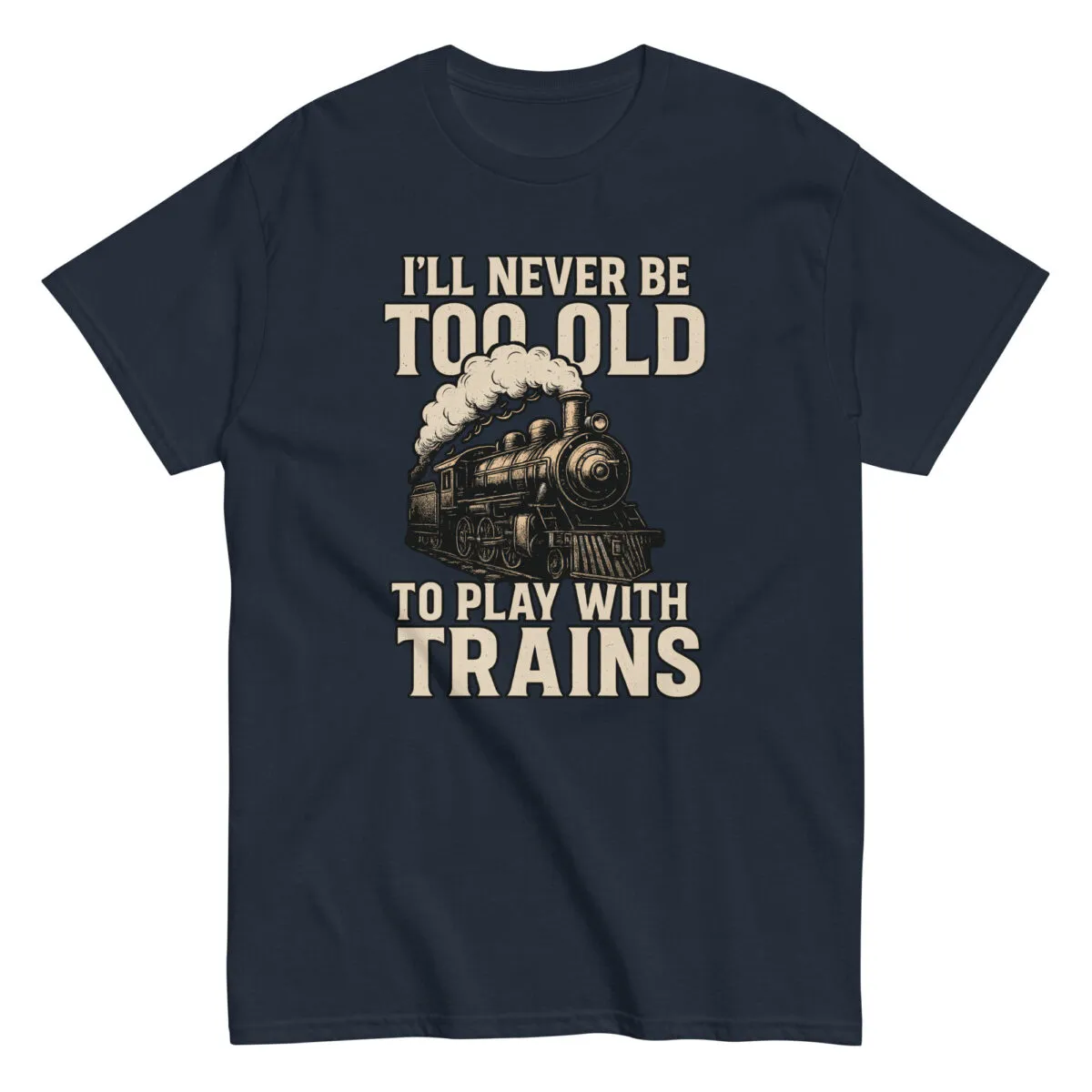 T-shirt with vintage train and playful text design.