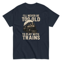 T-shirt with vintage train and playful text design.