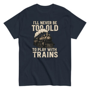 T-shirt with vintage train and playful text design.
