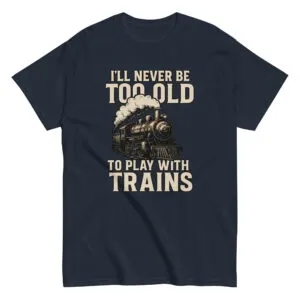 T-shirt with vintage train and playful text design.