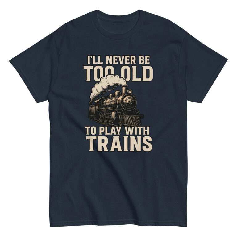 T-shirt with vintage train and playful text design.