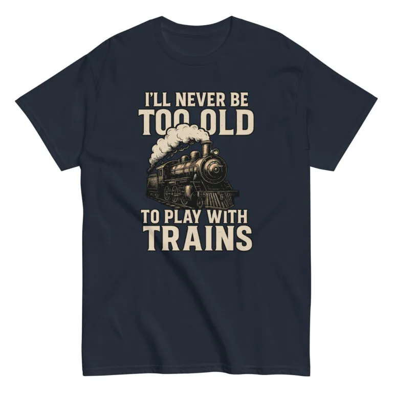 T-shirt with vintage train and playful text design.
