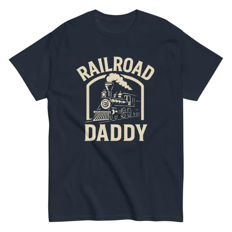 Railroad Daddy design on a dark t-shirt.
