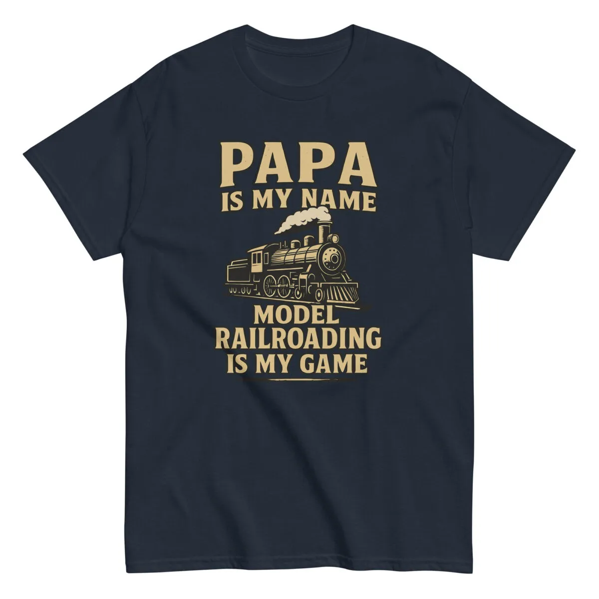 Navy T-shirt with model railroad design and text