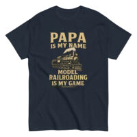 Navy T-shirt with model railroad design and text