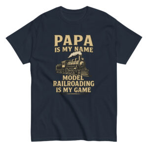 Navy T-shirt with model railroad design and text