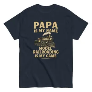 Navy T-shirt with model railroad design and text