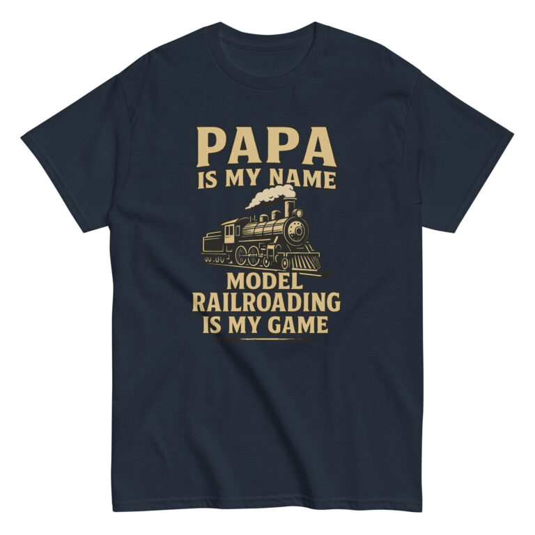 Navy T-shirt with model railroad design and text