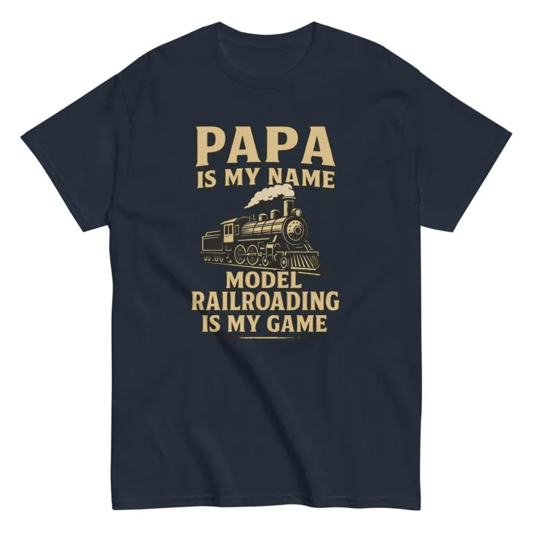 Navy T-shirt with model railroad design and text