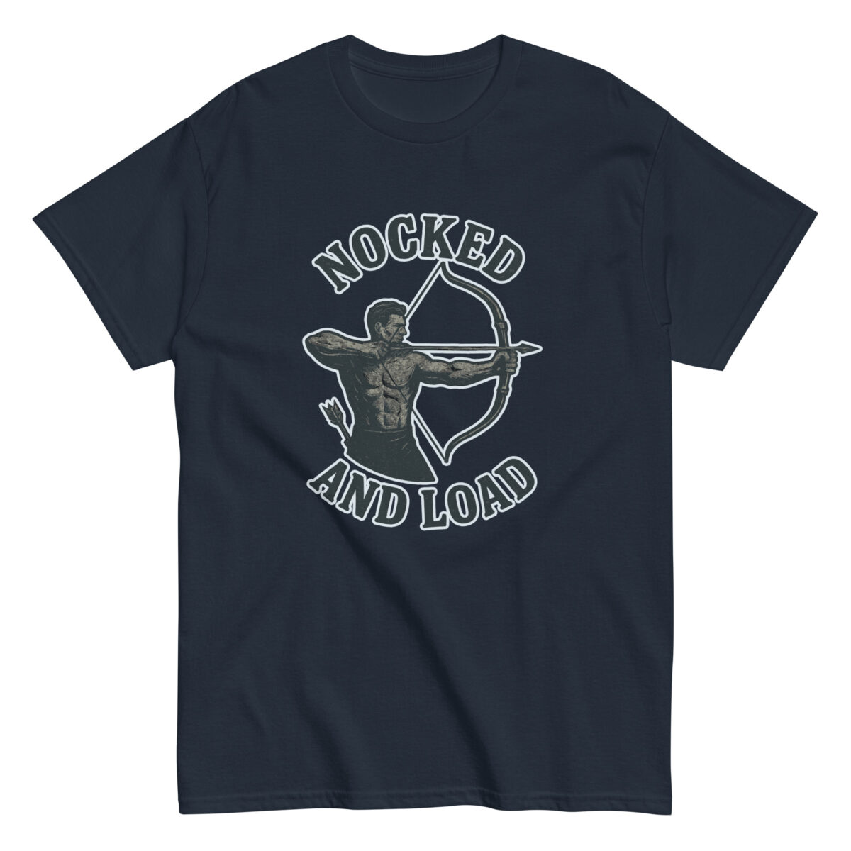 Archery-themed shirt with 'Nocked and Load' design.