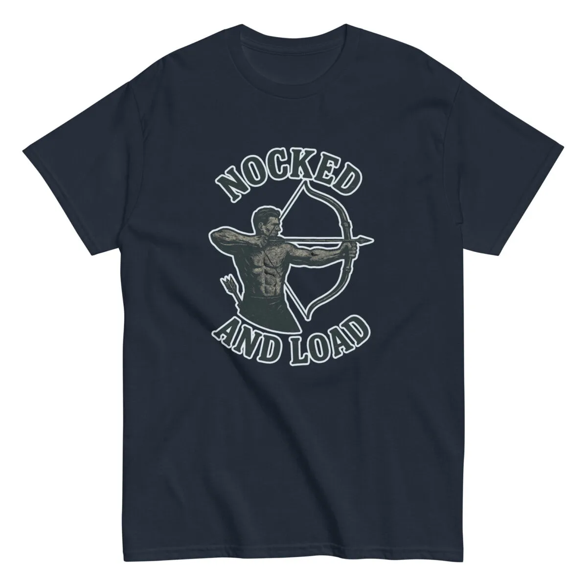 Archery-themed shirt with 'Nocked and Load' design.