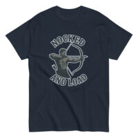 Archery-themed shirt with 'Nocked and Load' design.