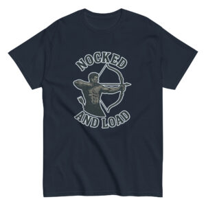 Archery-themed shirt with 'Nocked and Load' design.