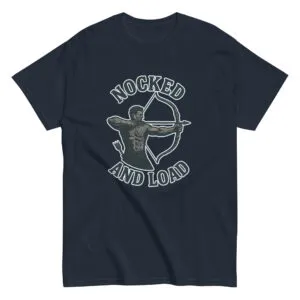 Archery-themed shirt with 'Nocked and Load' design.
