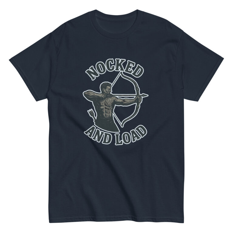 Archery-themed shirt with 'Nocked and Load' design.