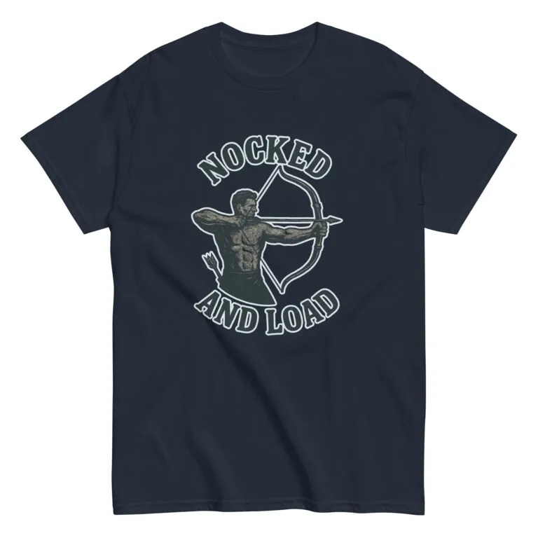 Archery-themed shirt with 'Nocked and Load' design.