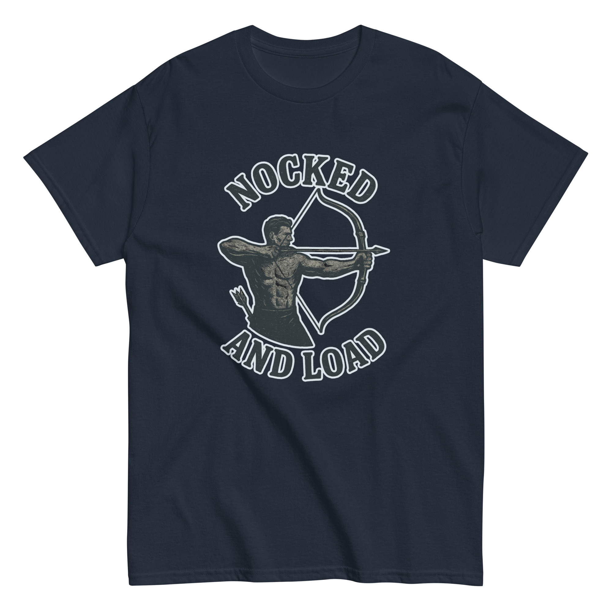Archery-themed shirt with 'Nocked and Load' design.