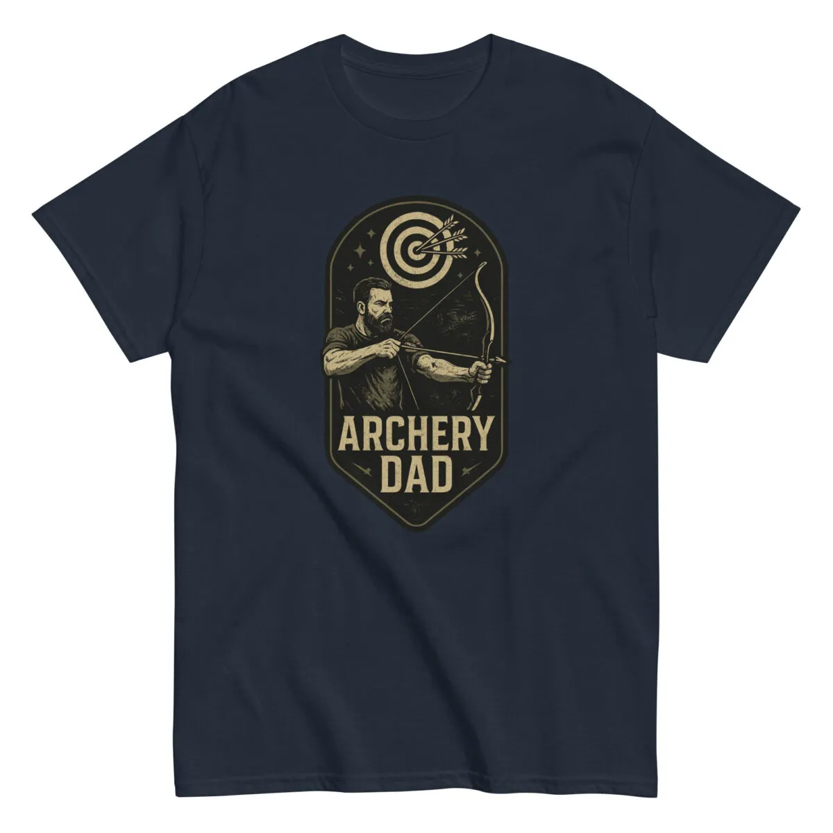 Navy t-shirt with archery theme graphic and text.
