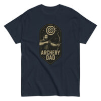 Navy t-shirt with archery theme graphic and text.