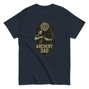 Navy t-shirt with archery theme graphic and text.