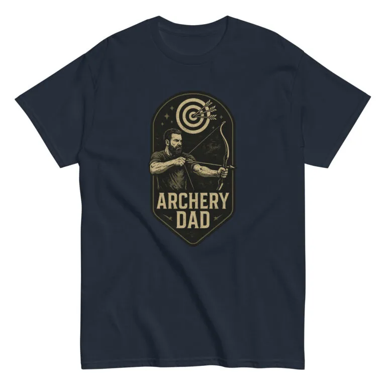 Navy t-shirt with archery theme graphic and text.