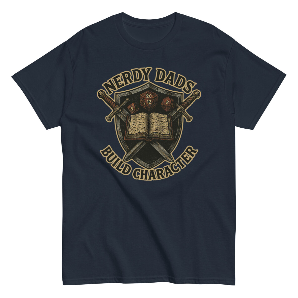 Nerdy dads t-shirt with swords and dice design.