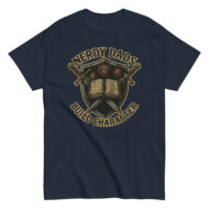 Nerdy dads t-shirt with swords and dice design.